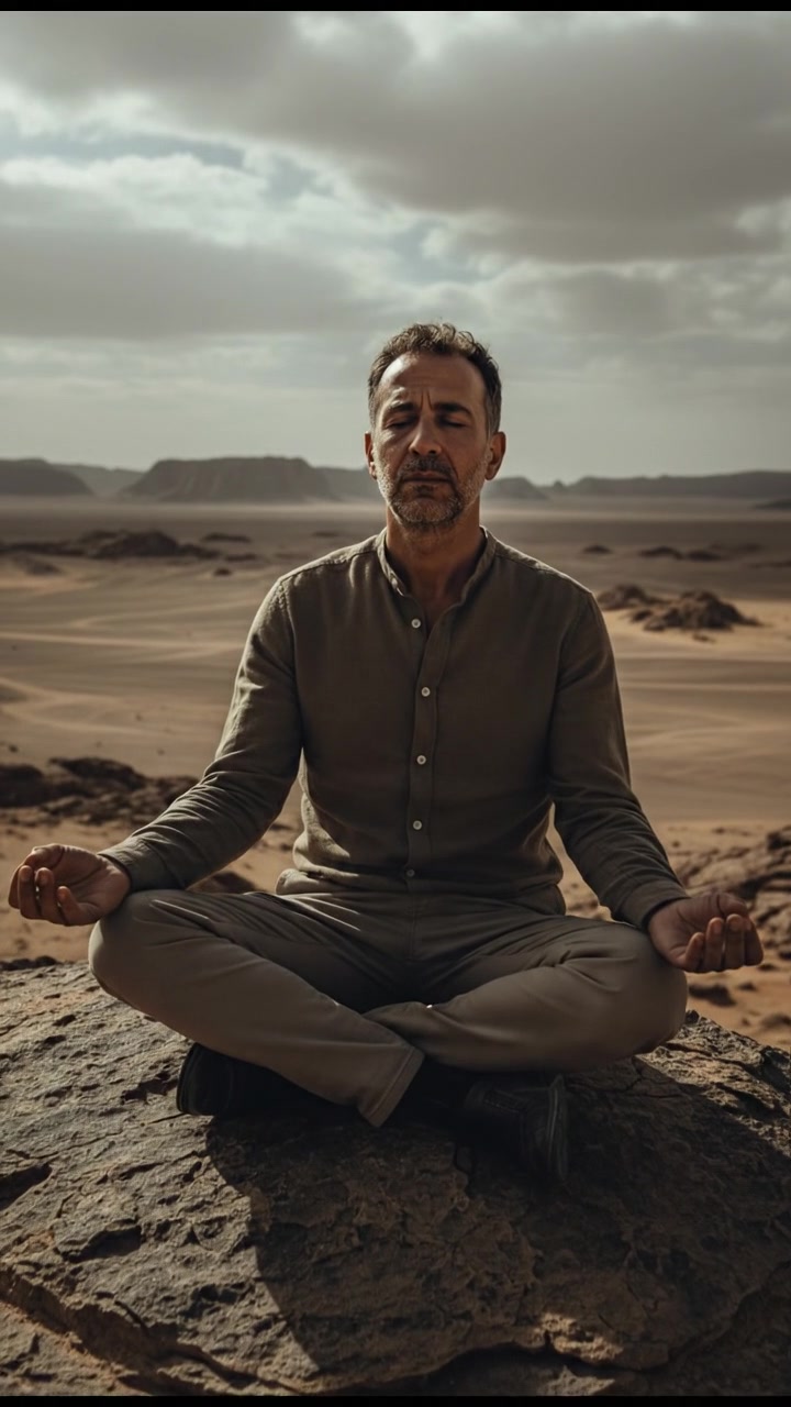 Omar sitting on a rocky outcrop, deep in meditation, with the backdrop of a serene desert landscape.