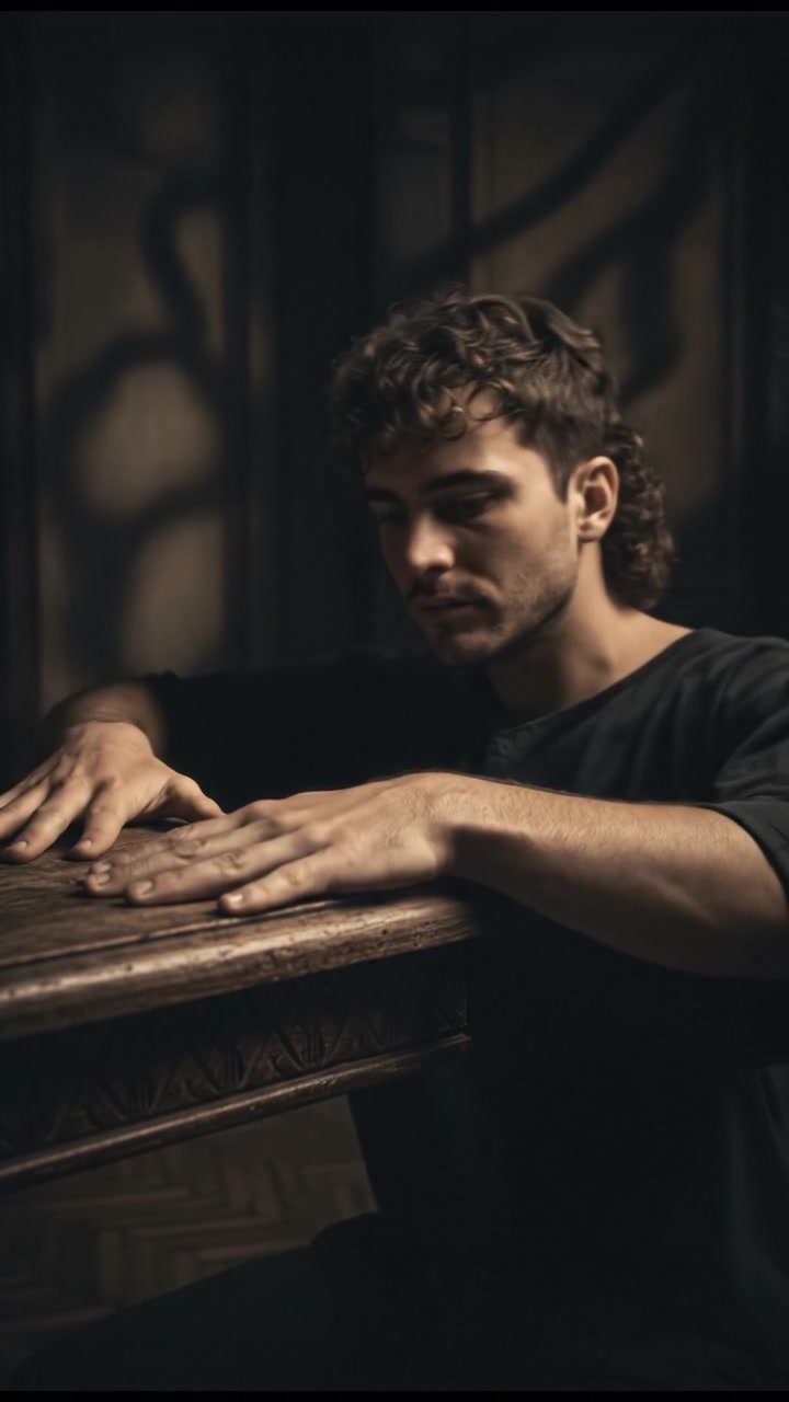 Close-up of Mateo's hands gripping the edge of a table, deep in thought.