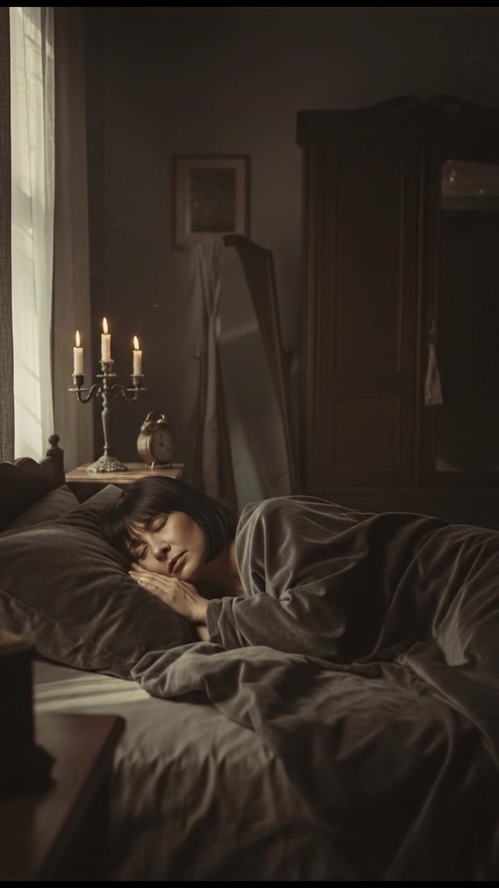 Li sleeping peacefully in a cozy bedroom, soft sunlight filtering through the curtains.