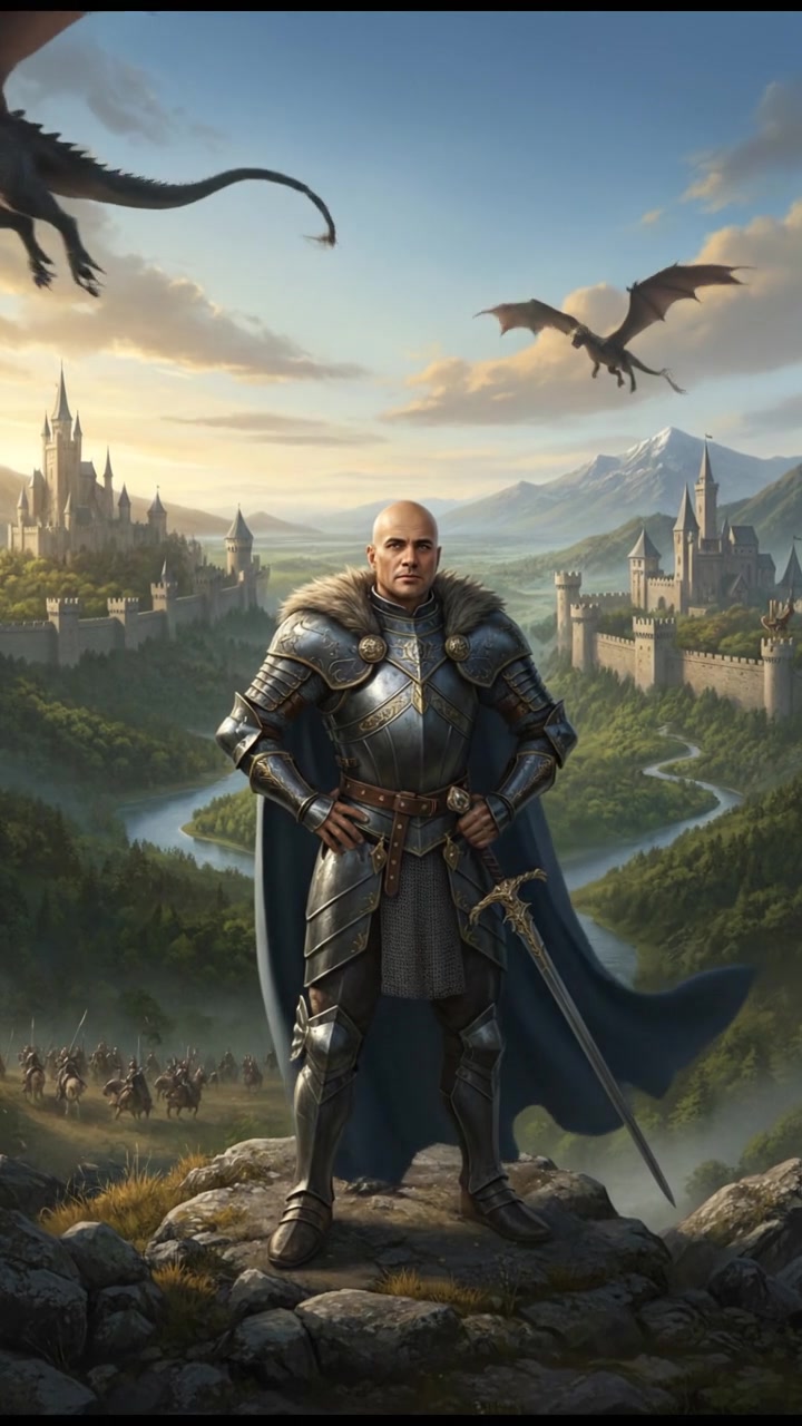 Carlos standing confidently on a hilltop, overlooking a vast landscape under a blue sky.