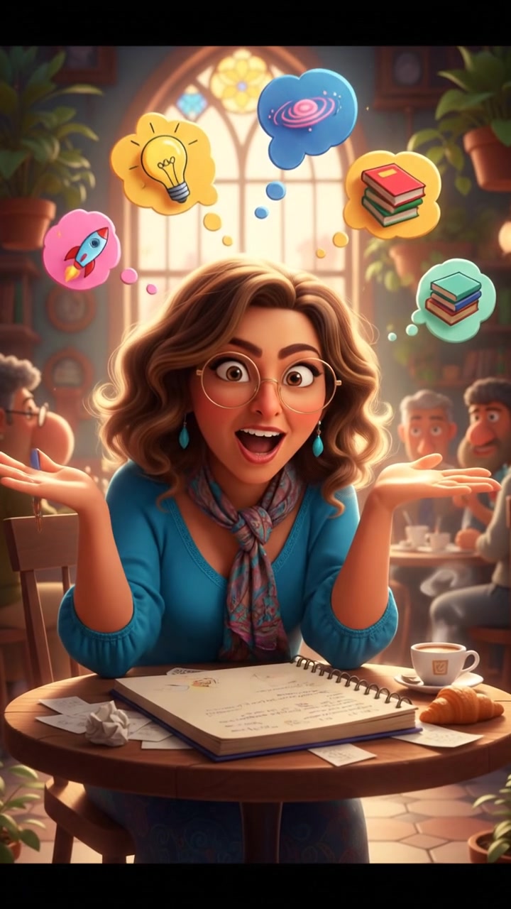 A scene of Dolores seated at a café table with a notepad, brainstorming ideas passionately.