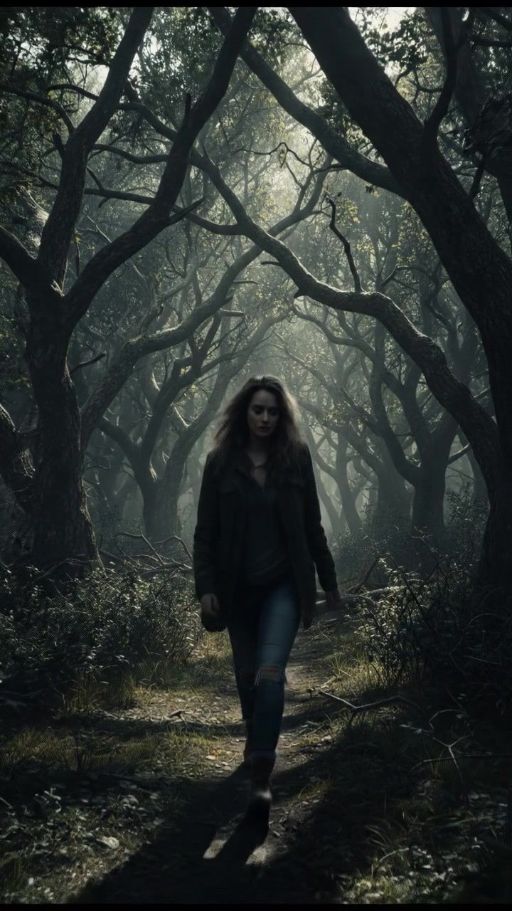 A dense forest with thick trees, sunlight filtering through the leaves. A path is visible where Ashley appears trapped.