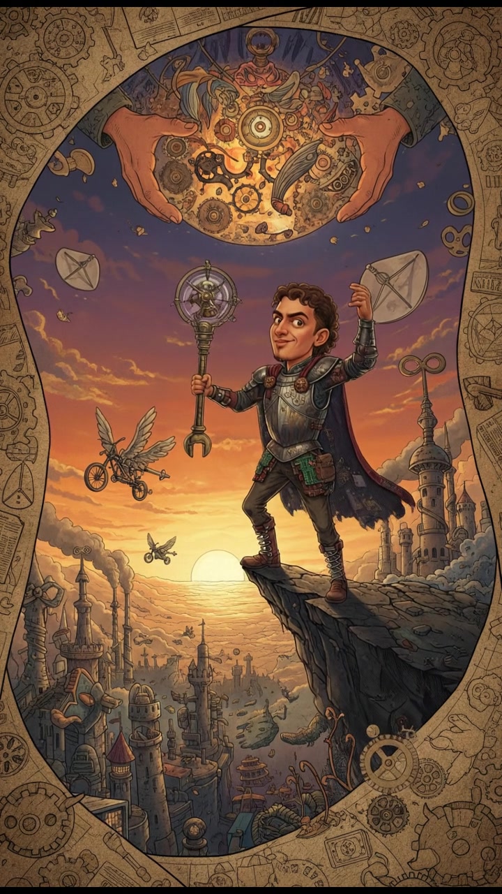 Mateo standing on a cliff, overlooking a sunrise with determination on his face, ready to embrace the day.