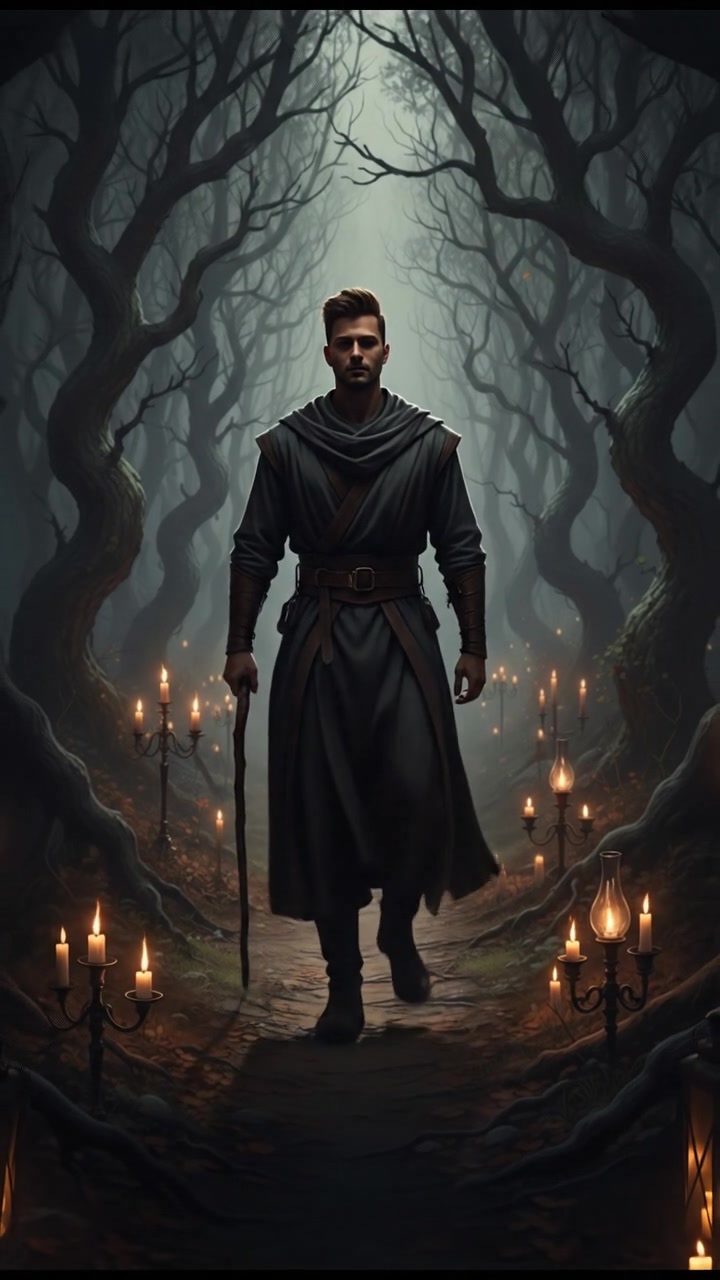 Amir walks away from the camera along a path, looking determined but serene.