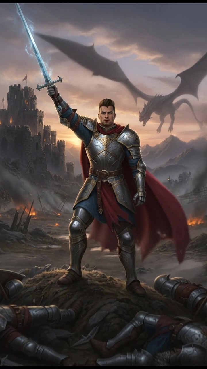 Amir stands victorious on a battlefield, raising a sword with defeated enemies lying around him.