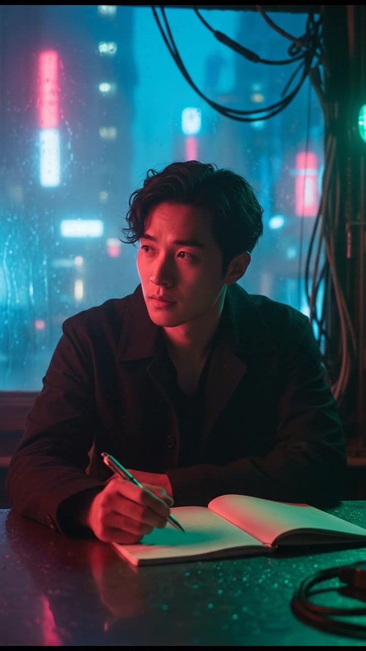 Ken sitting at a table, looking thoughtfully at a blank notebook with a pen in hand.