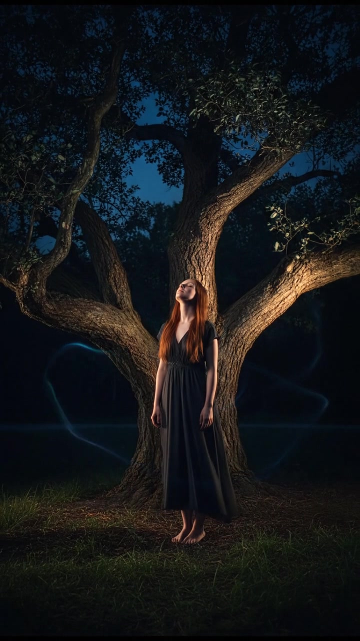 Emma standing outside, taking a deep breath, contemplating under a tree before making a decision.