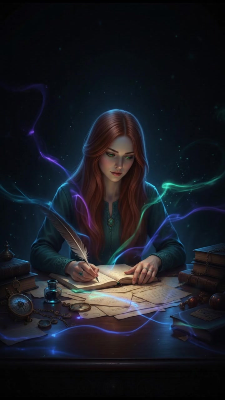 Close-up of Emma sitting at a desk, focused on organizing documents and writing notes.