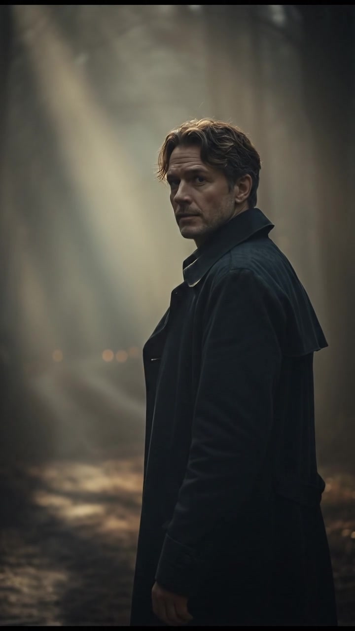 A foggy landscape with a lone figure of Mark standing on a deserted path, with blurred trees in the background.