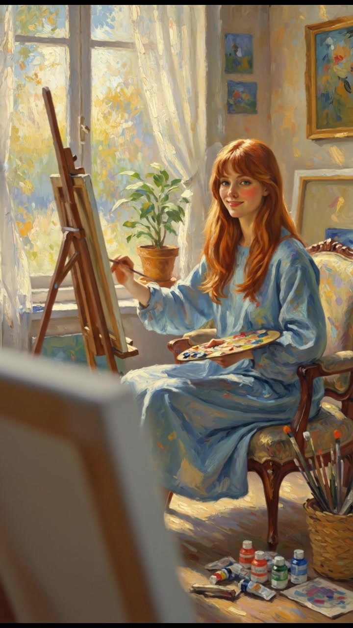 A portrait of Emma sitting in a sunlit room, surrounded by art supplies and canvases.