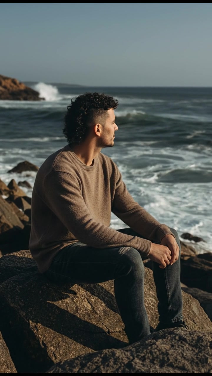 Mateo seated on a large rock by the ocean, gazing at the waves with a calm expression.