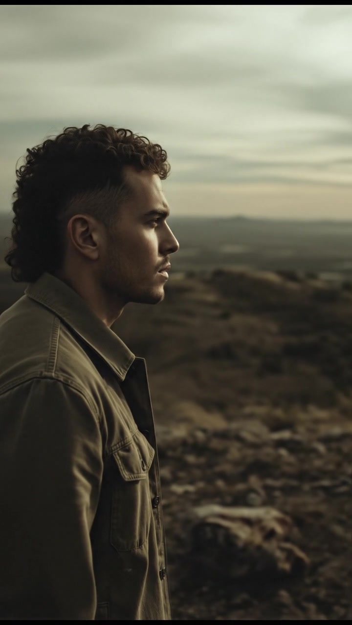 Mateo standing on a hilltop, gazing at the horizon with a determined expression.