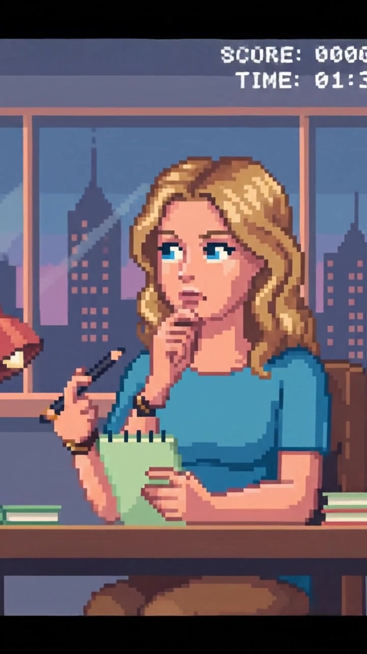 The Ashley sits at a desk with a notepad, looking thoughtful as she prepares to write a question.