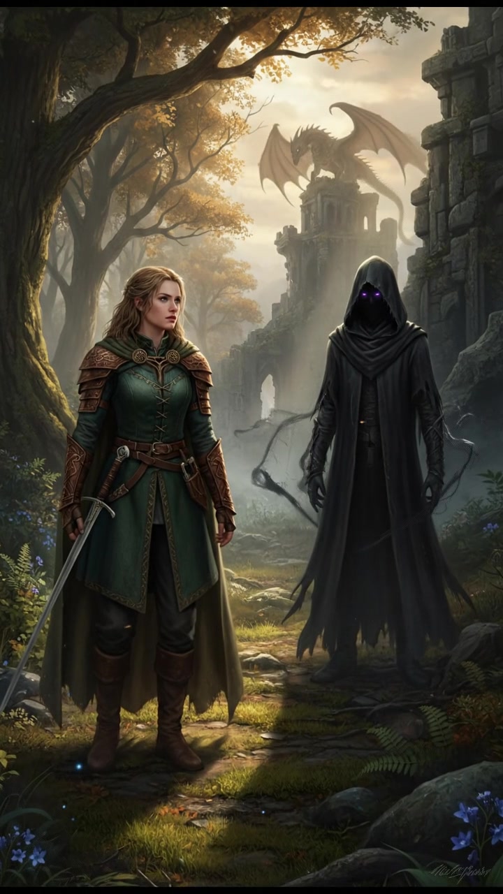 Ashley standing in a sunlit forest clearing, looking towards a figure shrouded in shadows.