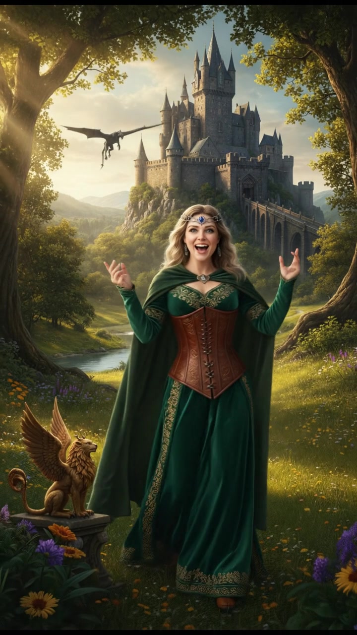 Ashley standing outdoors in a sunny park, gesturing excitedly with both hands.