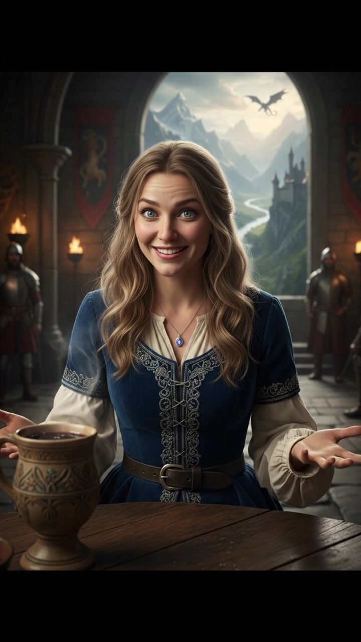 Ashley sitting at a table with a coffee cup in front of her, talking animatedly to the camera.