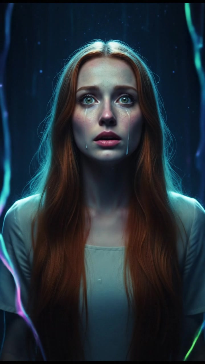 Emma looking surprised, with tears in her eyes, standing in a brightly lit room.