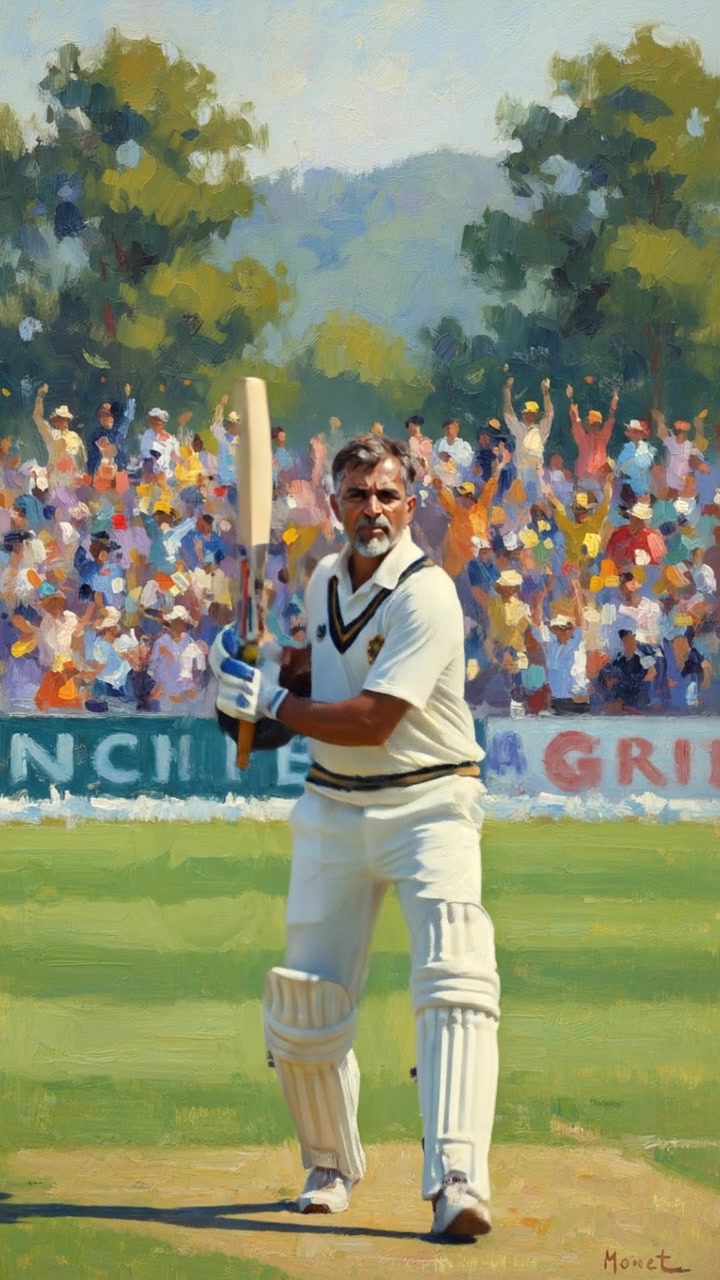 Raj, wearing a cricket uniform, holding a bat, standing on a cricket field with cheering fans in the background.