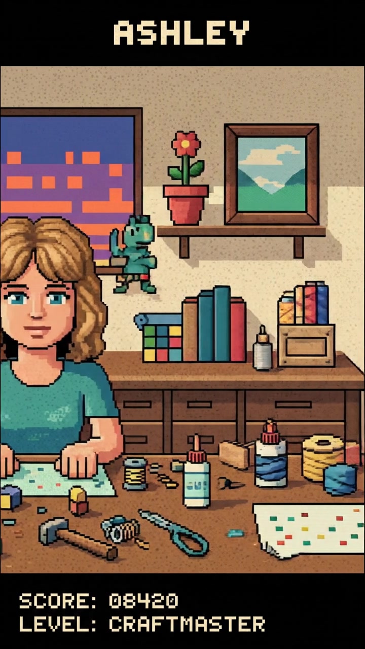 Ashley sitting at a workbench covered in crafting tools, with various finished crafts displayed around her.