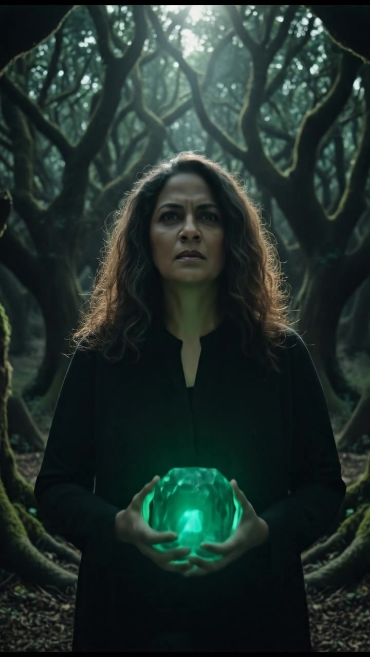 The Asha standing in a forest, holding the emerald gem with a stern expression.