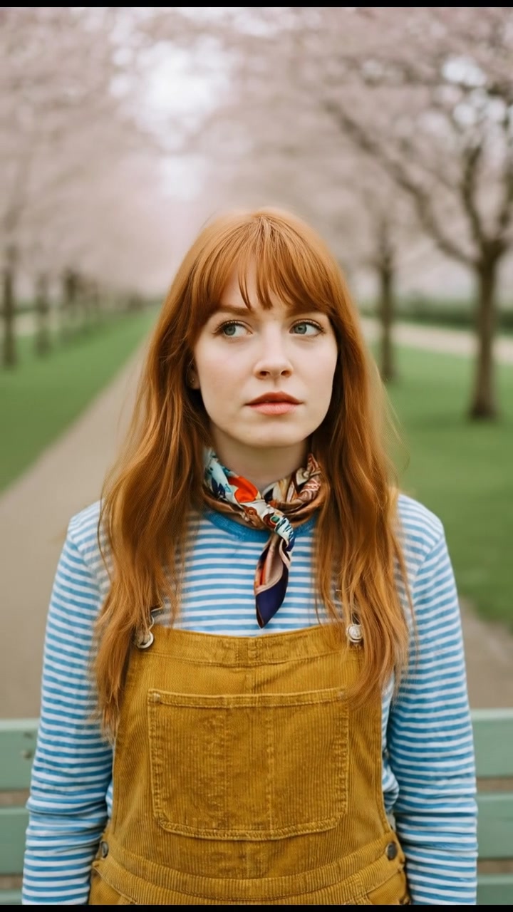 Emma standing by a park bench, glancing away with a thoughtful look, trees in the background.