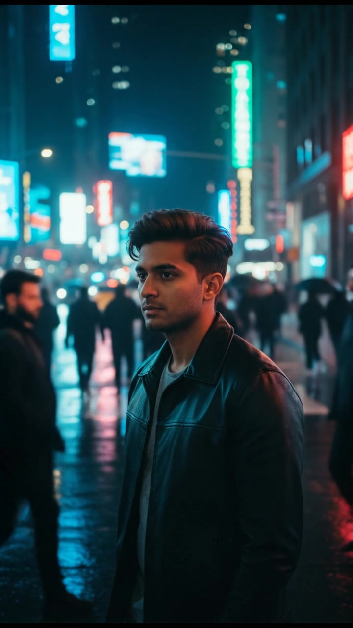 Arjun standing thoughtfully on a city street, with people walking by in the background.
