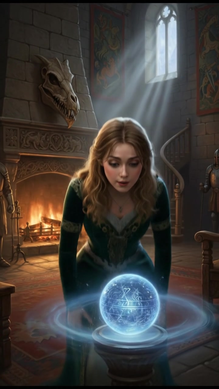 Ashley stands in a cozy living room, looking surprised, with her hands raised slightly and a curious expression.