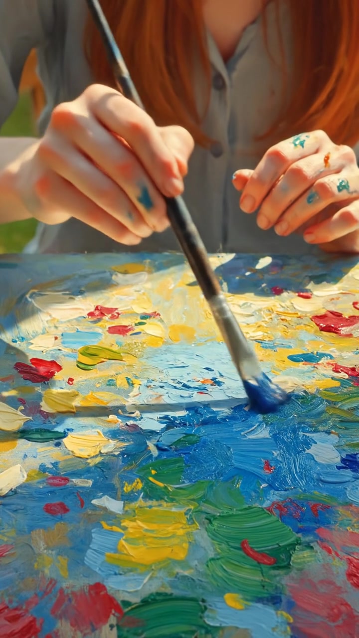 A close-up of the Emma's hands as she paints, colorful splashes dotting the canvas.