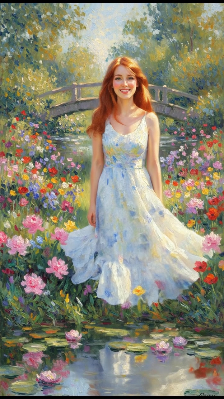 Emma smiling in a sun-drenched garden, surrounded by flowers.