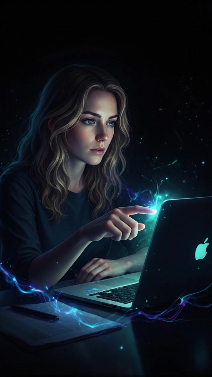 Ashley, sitting at a desk with a laptop, clicks a link on the screen with a focused expression.