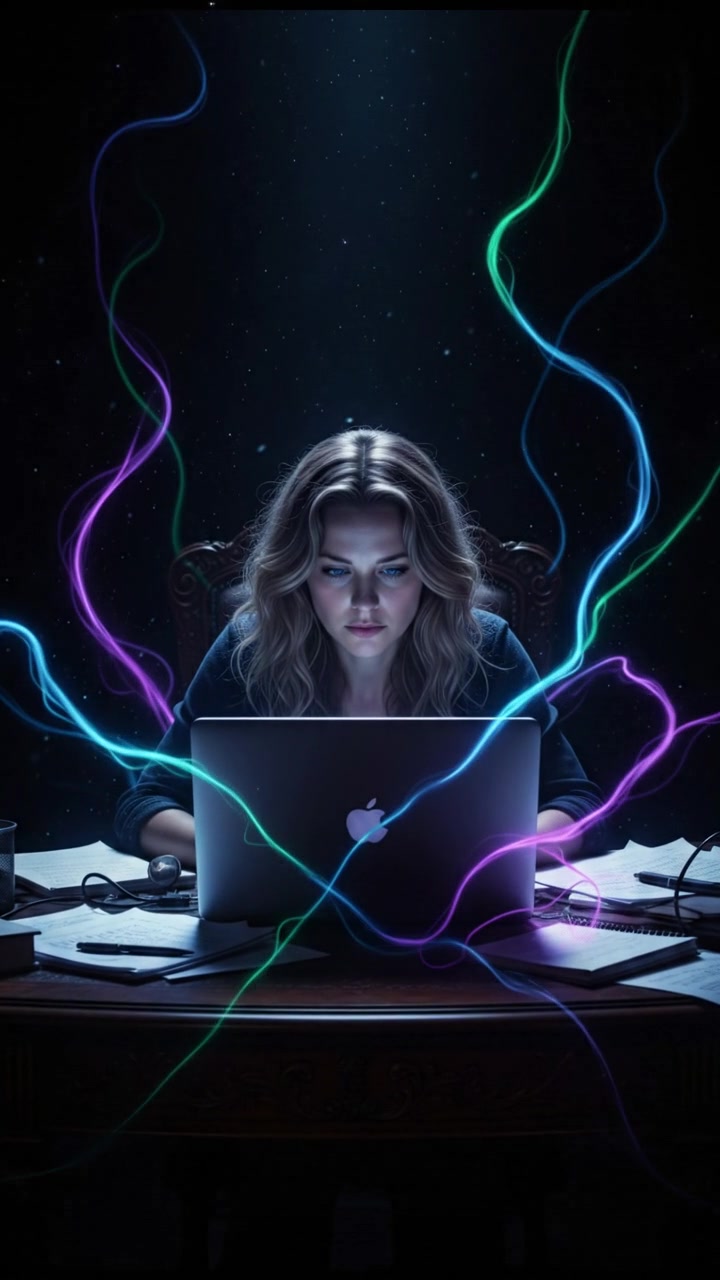 Ashley sitting at a desk, focused on her laptop with papers scattered around her.