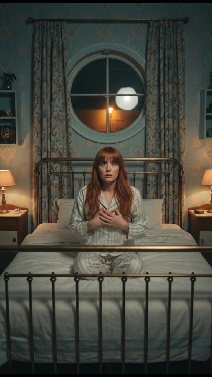 A night scene of a dimly lit bedroom, the Emma lies in bed looking anxious and awake.