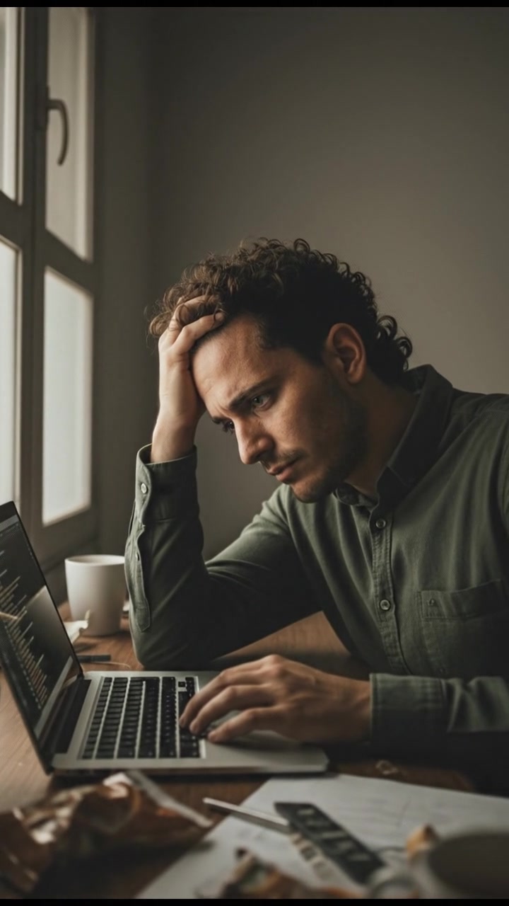 Mateo sitting at a desk, looking frustrated and tired, with a laptop open in front of him.