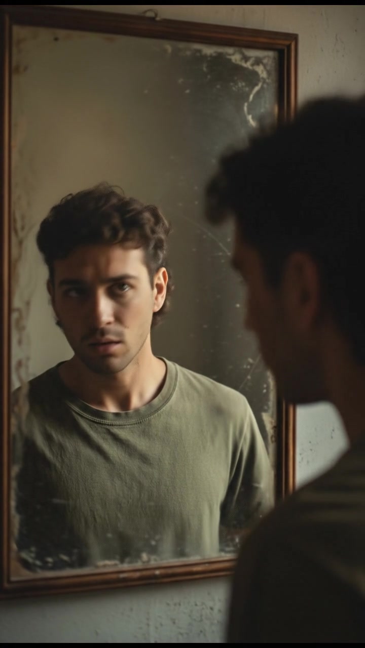 A medium shot of Mateo standing in front of a mirror, looking at himself with a confused expression.