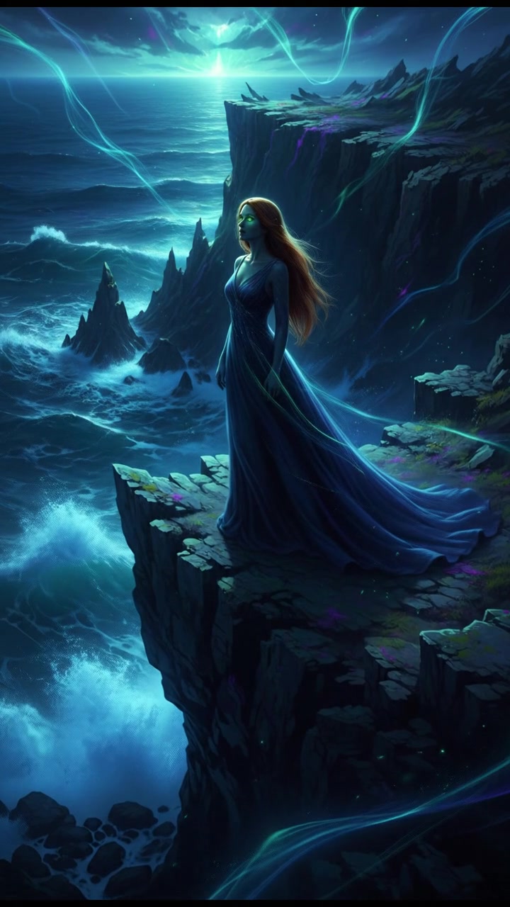 Emma standing on a cliff by the ocean, gazing towards the horizon with waves crashing below her.