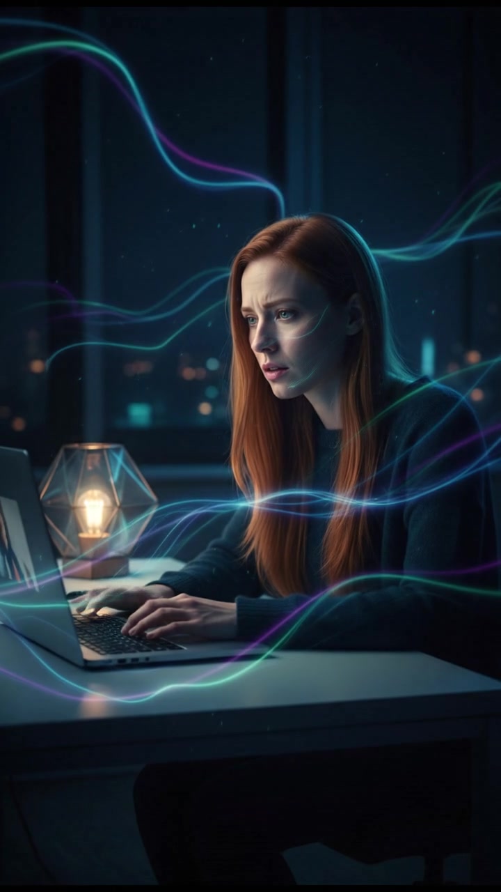 A concerned woman, Emma, sitting at a modern desk with a laptop open, looking troubled while engaging in a video call.