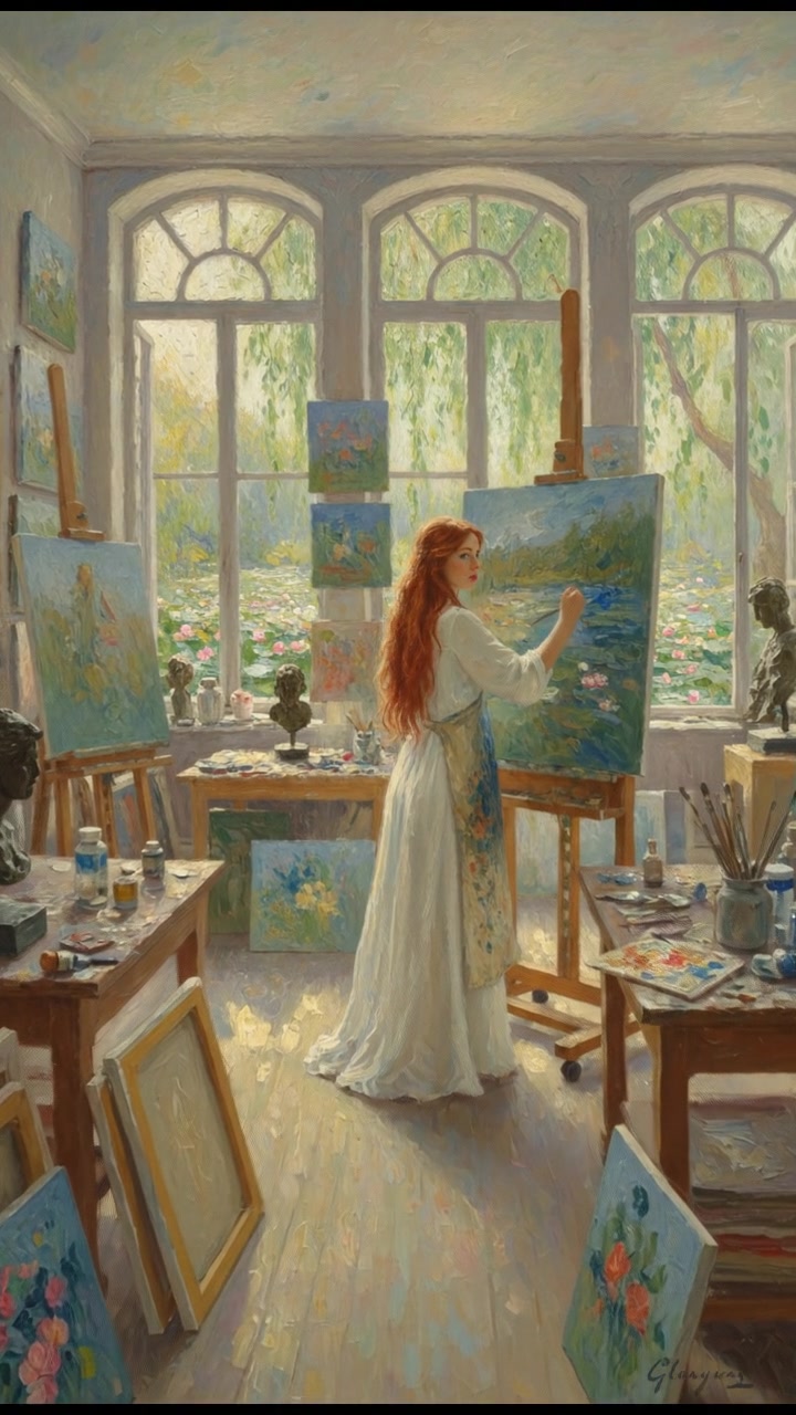 A wide shot of Grace's studio, filled with completed art and a sense of purpose.