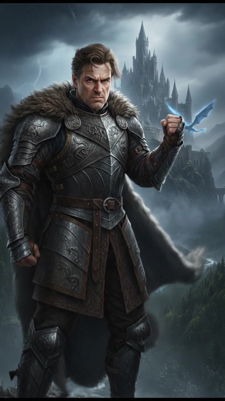 Mark standing on a rocky cliff, looking determined against a stormy sky, clenching his fist.