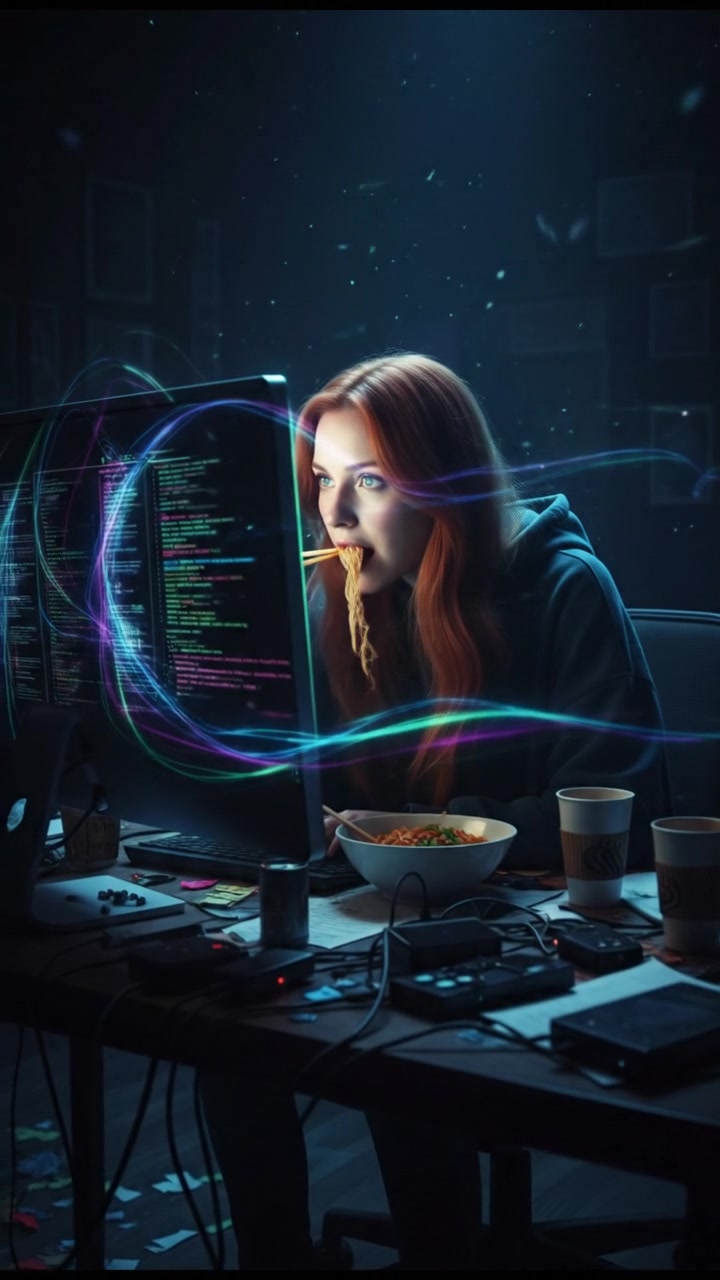 Emma sitting at a cluttered desk with a computer, focused on vibrant lines of code on the screen.