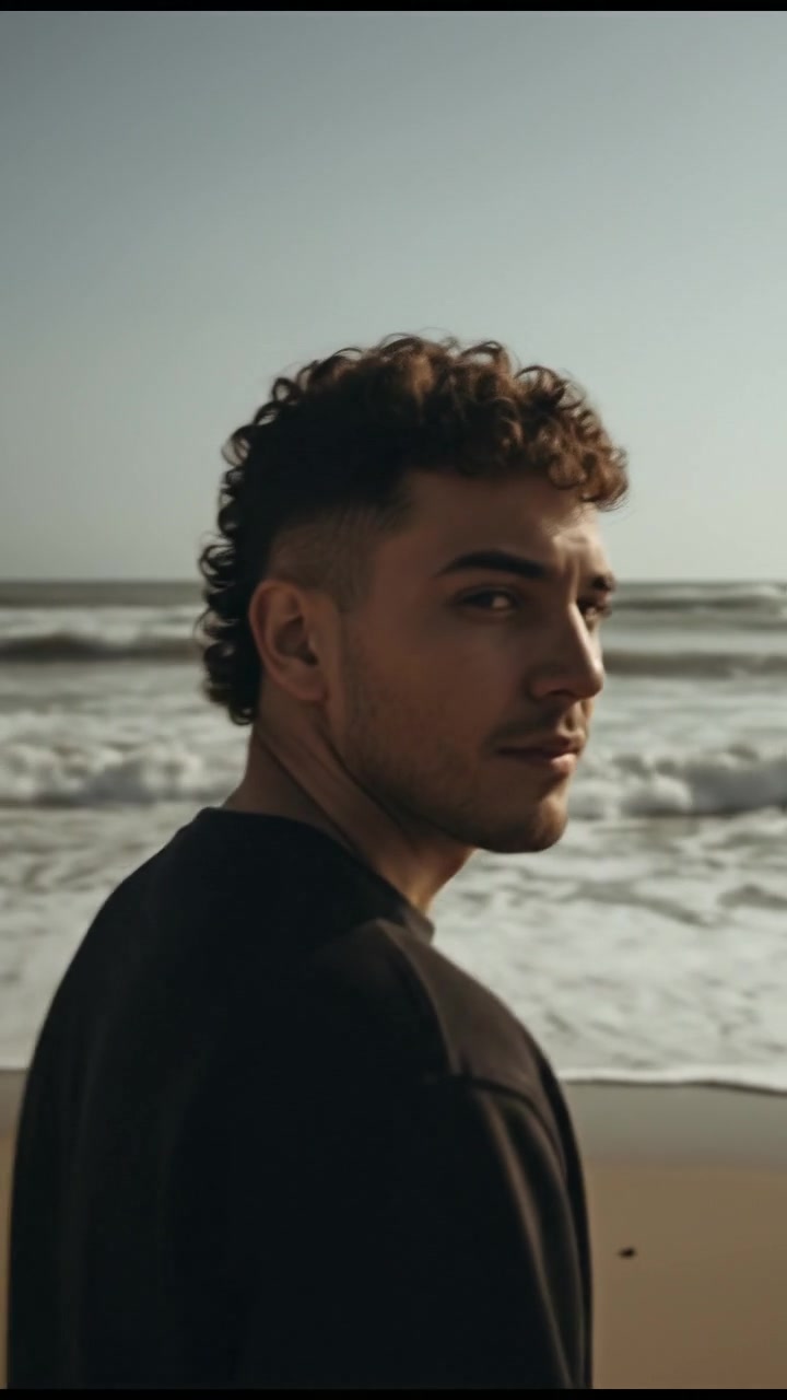 The Mateo standing on a sandy beach, gazing out at the ocean with waves crashing against the shore.
