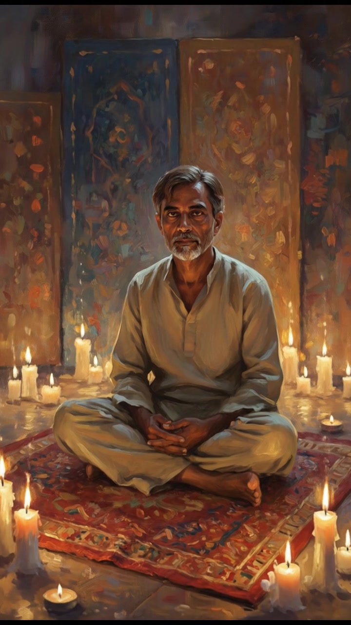 Raj, sitting on a decorated mat, surrounded by candles in a dimly lit room.