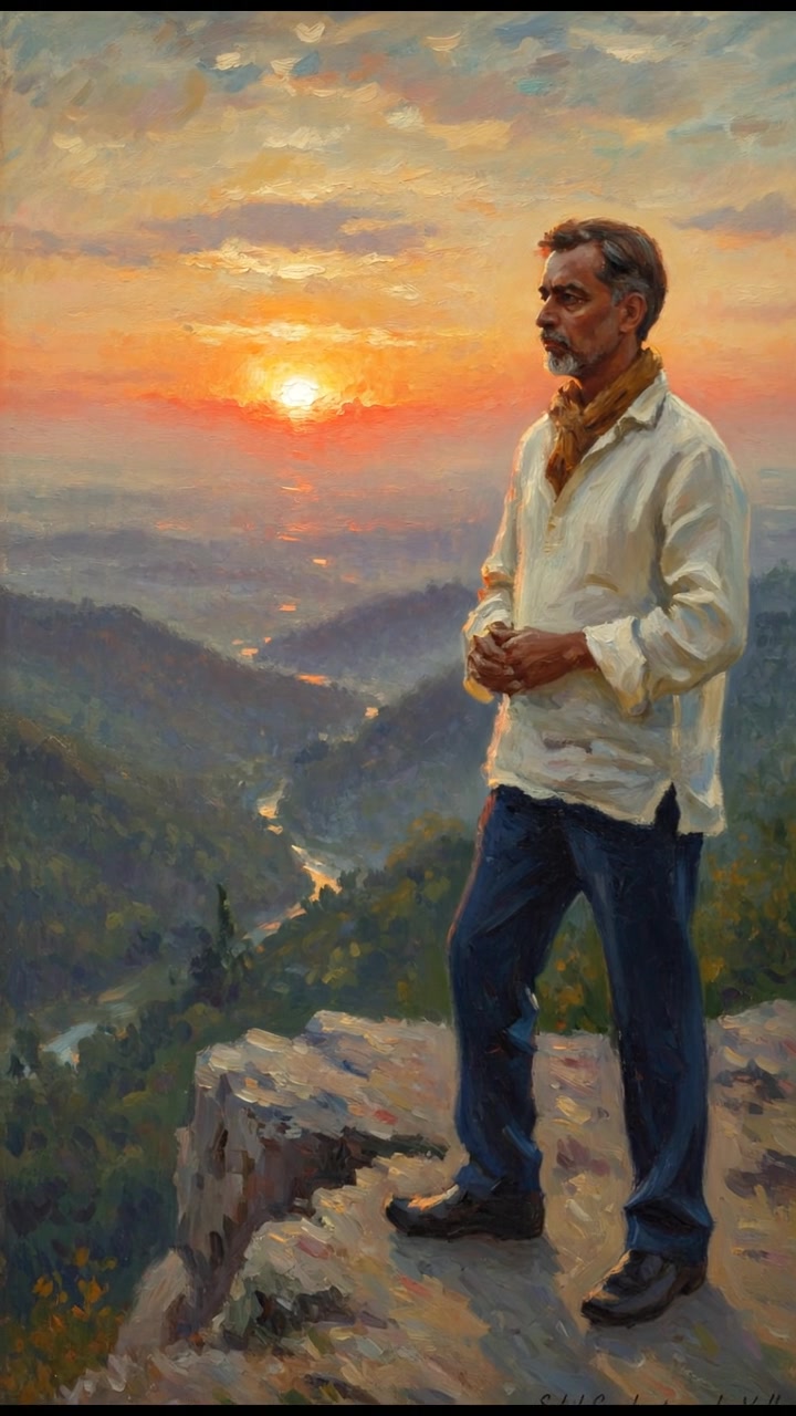 Raj, standing at the edge of a cliff, looking out over a vast valley during sunset.