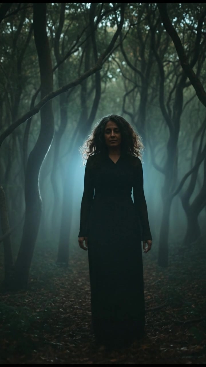 A shadowy figure of Asha standing in a dimly lit forest, surrounded by swirling mist.