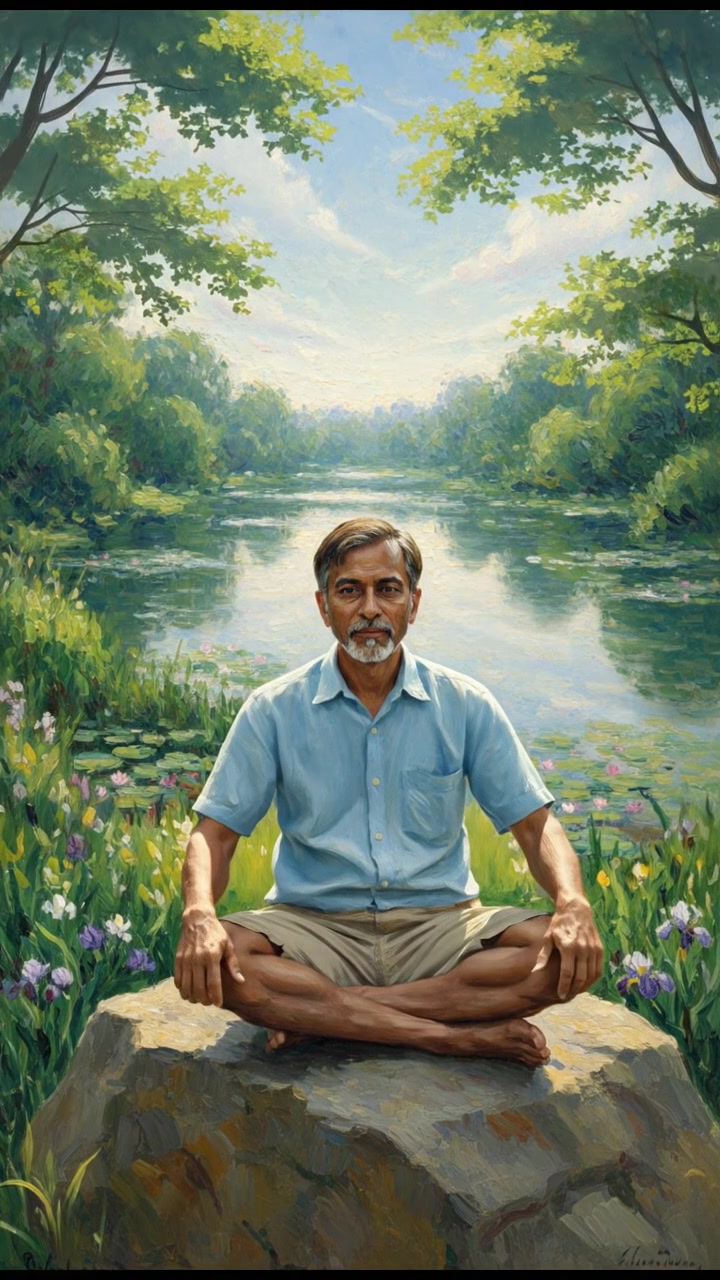 Raj seated cross-legged on a large rock, surrounded by lush greenery and a clear blue sky.