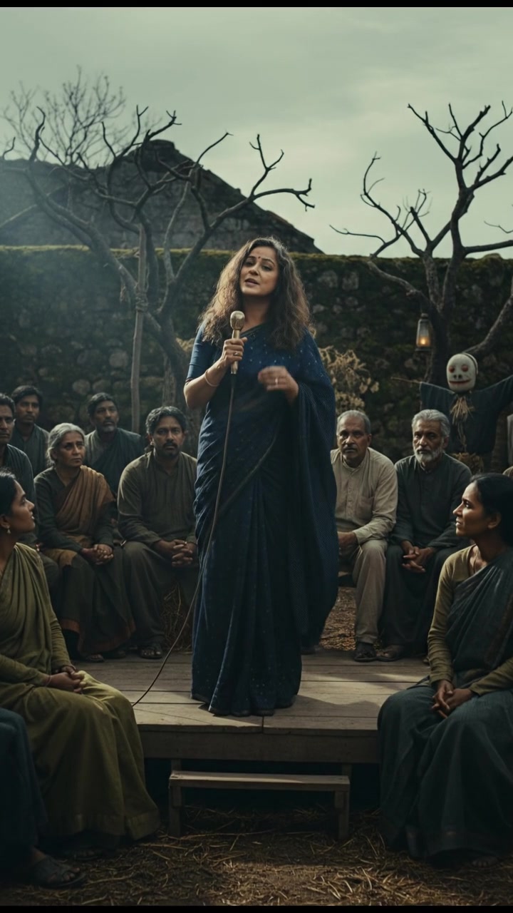 A rural community gathering, with Asha speaking to an attentive group of villagers.