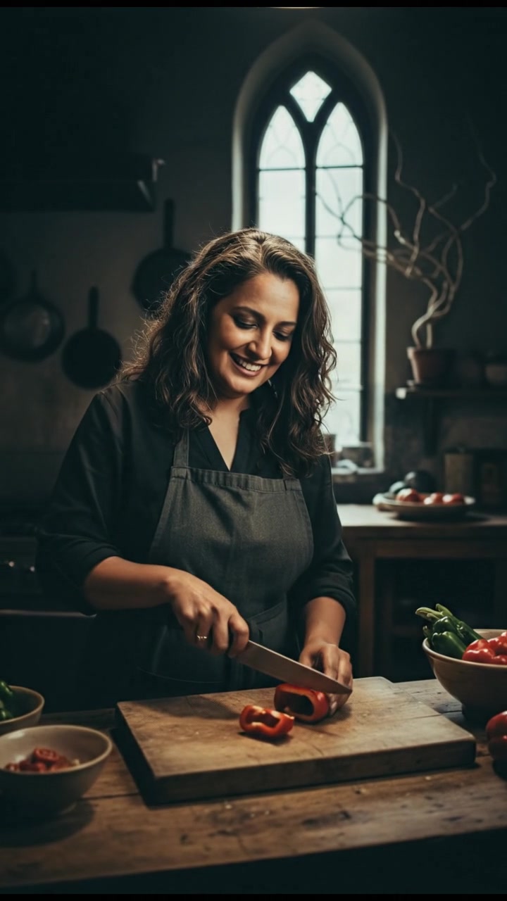 Asha preparing a meal in the kitchen, focused and cheerful while chopping vegetables.