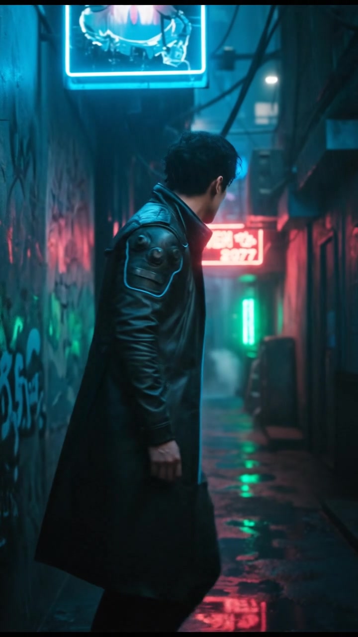 Ken, standing against a wall, looking over his shoulder nervously in a dimly lit alley of Neo-Kyoto.