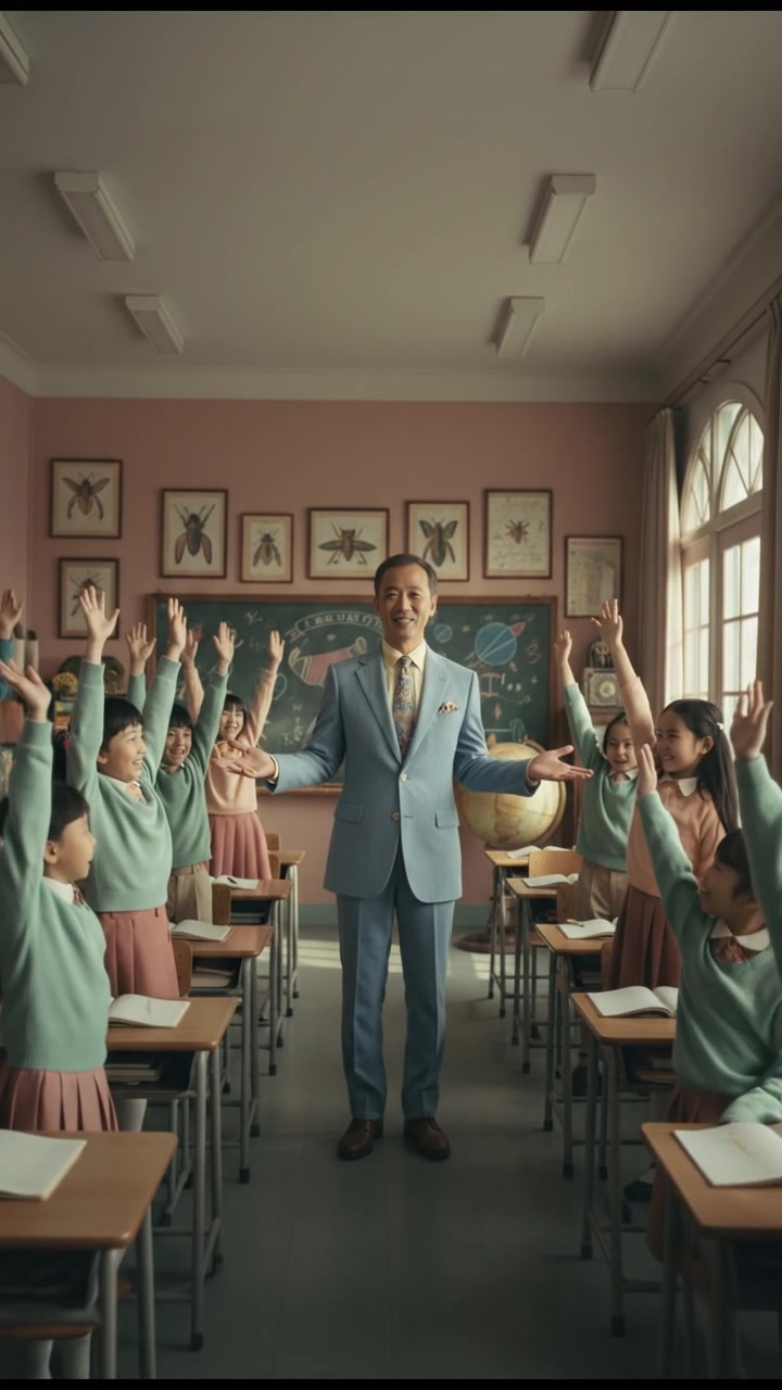 Hiro encouraging students to raise their hands with a smile.