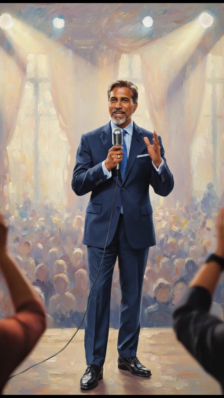 The Raj standing on a stage with a microphone, smiling and addressing an audience.