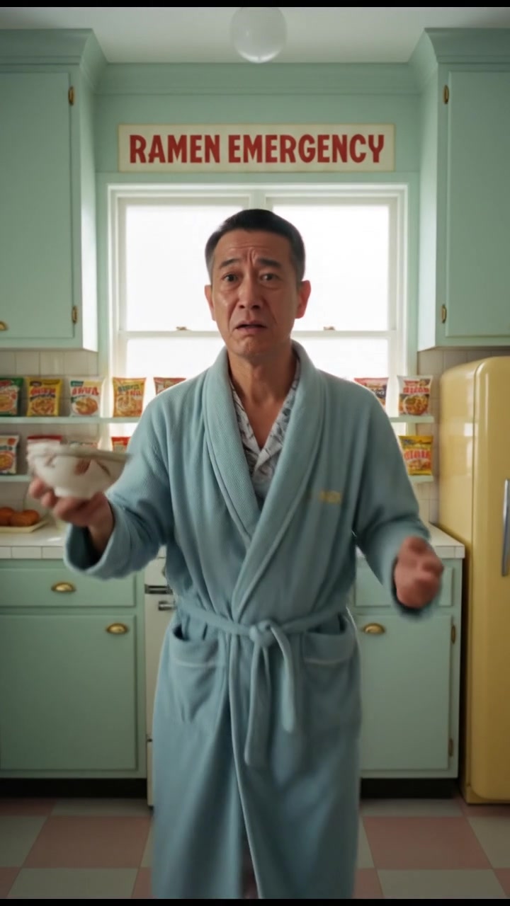 Hiro in the kitchen, looking worried and pleading for instant noodles.